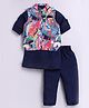 LITTLE COLLARS Blended Woven Full Sleeves Solid Kurta Pyjama With Paisleys Printed Jacket Set - Navy Blue