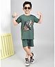 YOUMAA 100% Cotton Knit Half Sleeves Dinosaur Printed Tee & Shorts Set - Green