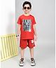 YOUMAA 100% Cotton Knit Half Sleeves Explore Text Printed Tee & Shorts Set - Red