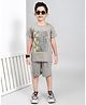 YOUMAA 100% Cotton Knit Half Sleeves No Rules Text Puff Printed Tee & Shorts Set - Grey