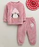 BUMZEE Velvet Knit Full Sleeves Baby Penguin Patch Detailed Sweatshirt & Joggers Set - Onion Pink