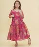 Bitiya By Bhama Silk Woven Floral Printed Tiered Dress With Three Fourth Sleeves Jacket Set - Pink