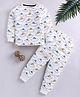 BLUSHES 100% Cotton Knit Full Sleeves Cloud Animal Printed Night Suit Set - Off White