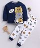 BLUSHES 100% Cotton Knit Full Sleeve Cats & Paws Printed Night Suit Set - Airforce Navy & White