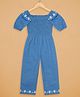 Budding Bees Cotton Woven Half Puffed Sleeves Floral Emboridereed Smock Detailed Jumpsuit - Blue