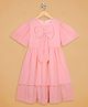 Budding Bees Gerorgette Woven Half Flutter Sleeves Swiss Dot Designed Bow Applique Detailed Drop Waist Dress - Peach