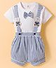ToffyHouse Interlock Knit Half Sleeves T-Shirt & Striped Shorts With Bow Applique Suspender & Teddy Bear Patch - White & Light Blue