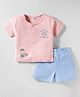 ToffyHouse Cotton Knit Half Sleeves Front Open T-Shirt & Checkered Shorts Set with Bear Embriodery - Peach & Light Blue