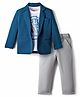 Rikidoos Full Sleeves Textured Blazer With Typography Printed Tee & Pant Set - Blue & Grey