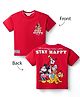 Bonfino Disney Terry Knit Oversize Drop Shoulder Half Sleeves T-Shirt with Front and Back Mickey and Friends Graphics - Red
