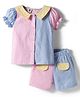 ToffyHouse Cotton Woven Half Sleeves Front Open Checks Top & Shorts Set With Color Block Design - Multicolor