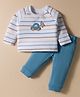 ToffyHouse Knitted Full Raglan Sleeves Striped T-Shirt & Lounge Pant Set with Car Embroidery - Teal Blue