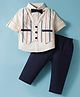 ToffyHouse Cotton Woven Full Sleeves Shirt & Trouser Set with Attached Striped Waistcoat & Bow - Black & White
