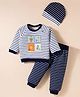 ToffyHouse Cotton Knit Full Raglan Sleeves Striped T-Shirt Joggers Set with Cap & Animal Patch -  Blue & White