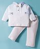 ToffyHouse Knit Full Sleeves Striped Polo T-Shirt & Lounge Pant Set With Bow Applique - White & Cream