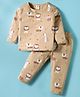 ToffyHouse Cotton Knit Full Sleeves Co-ords Night Suit With Animals Print - Beige