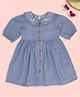 Pantaloons Baby Cotton Denim Woven Half Puffed Sleeves Floral Embroidered Peter Pan Collar Detailed Shirt Style Dress - Blue