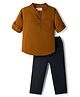 Babyhug Cotton Woven Full Sleeves Solid Color Mandarin Collar Shirt and Denim Jeans Set - Rust Orange & Black