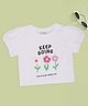 Pantaloons Junior 100% Cotton Knit Half Puffed Sleeves Floral & Schiffli Embroidered Crop Top - White