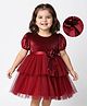 Babyhug Velour Woven Half Sleeves Flared & Layered Partywear Dress With Floral Applique - Maroon