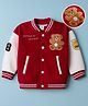 Mark & Mia Knit Full Sleeves Oversized Fleece Bomber Jacket with Bear Patch Embroidery & Tipping Rib Detailing - Red