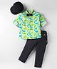 Rikidoos Full Sleeves Dinosaur Printed Shirt Pant With Suspender Bow & Cap Set - Neon & Navy Blue