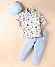Rikidoos Full Sleeves Cars Printed Shirt Pant With Suspender Bow & Cap Set - White & Sky Blue