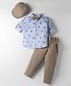 Rikidoos Full Sleeves Aeroplane Printed Shirt & Pant With Cap Bow & Suspender Set - Blue & Khaki