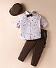 Rikidoos Full Sleeves Cars Printed Shirt & Pant With Cap Bow & Suspender Set - Light Beige & Brown