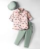 Rikidoos Full Sleeves Vehicles Printed Shirt & Pant With Cap Bow & Suspender Set - Light Pink & Sea Green