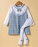 ToffyHouse Looper Woven Full Sleeves Checks Frock With Bow Applique & Stockings - Light Blue & White