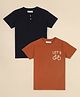 ALAN JONES Cotton Blend Knit Pack Of 2 Half Sleeves Solid & Lets Go Text Printed Tees - Navy Blue & Tan