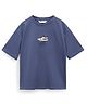ALAN JONES Cotton Blend Knit Half Drop Shoulder Sleeves Running Community Text Printed Oversized Tee - Blue
