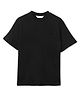ALAN JONES Cotton Blend Knit Half Drop Shoulder Sleeves App Ed Text Patch Embroidered Oversized Tee - Black