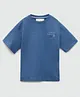ALAN JONES Cotton Blend Knit Half Drop Shoulder Sleeves Great Journey Text Printed Oversized Tee - Blue