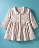 Simply Premium Twill Woven Full Sleeves Front Open Peter Pan Collar Frock With Teddy Print - Beige