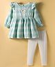 Simply Premium Cotton Woven Full Sleeves Frock with Legging With Floral Print - Sea Green