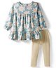 Simply Twill Woven Full Sleeves Frock With Leggings & Floral Print - Light Blue