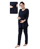 Fabme Pure Cotton Knit Three Fourth Sleeves Hearts Printed Coordinating Maternity Night Suit Set With Horizontal Zipper Nursing Access - Navy Blue
