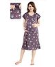 Fabme Pure Cotton Knit Half Sleeves Abstract Printed Maternity Nighty With Horizontal Zipper Nursing Access - Purple