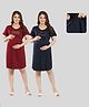 Fabme Pure Cotton Knit Pack Of 2 Half Sleeves Back Stage & Life Is Beautiful Text Printed Maternity Nighties With Horizontal Zipper Nursing Access - Maroon & Blue