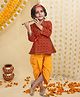 BownBee Pure Cotton Woven Janmashtami Theme Full Sleeves Abstract Printed Lord Krishna Costume Set With Morpank & Patka - Red