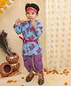 BownBee Pure Cotton Woven Janmashtami Theme Full Sleeves Elephants Printed Lord Krishna Costume Set With Morpank & Patka - Blue