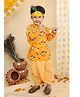 BownBee Pure Cotton Woven Janmashtami Theme Full Sleeves Elephants Printed Lord Krishna Costume Set With Morpank & Patka - Orange