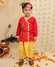 BownBee Pure Cotton Woven Janmashtami Theme Full Sleeves Bandhani Printed Lord Krishna Costume Set With Morpank & Patka - Red