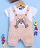 Jb Club Cotton Knit Teddy Bear Patch Embroidered Dungaree With Half Sleeves Tee Set - Brown