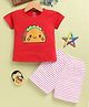 blushh berry Cotton Knitted Cartoon Printed Tee With Shorts Set - Red