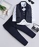Fourfolds Cotton Blend Woven Full Sleeves Abstract Motifs Printed Shirt Trousers & Waistcoat With Attached Blazer & Bow - Navy Blue