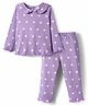 Babyhug Cotton Knit Rib Full Sleeves Co-Ord Nightsuit with Frill Collar & Heart Print - Lavender