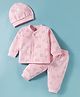 I Bears Fleece Knit Full Sleeves Winter Wear T-Shirt & Joggers Set With Cap & Vehicle Print - Pink